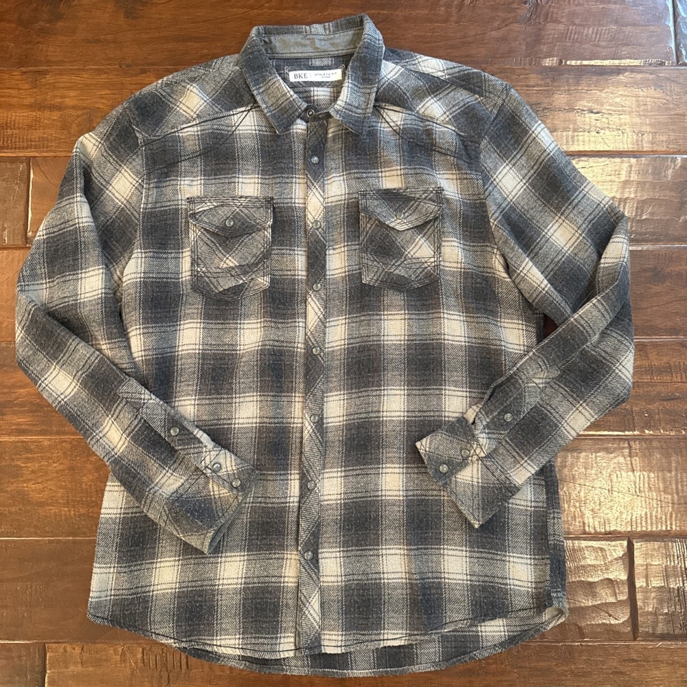 BKE Buckle Athletic Fit Plaid Pearl Snap Soft Flannel Shirt Size XL Gray